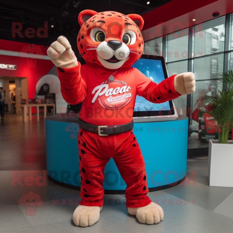 Red Jaguar mascot costume character dressed with a Mom Jeans and Digital watches