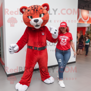 Red Jaguar mascot costume character dressed with a Mom Jeans and Digital watches