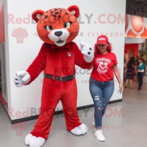 Red Jaguar mascot costume character dressed with a Mom Jeans and Digital watches