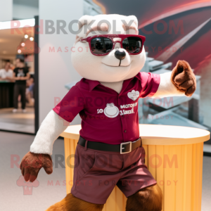 Maroon Ferret mascot costume character dressed with a T-Shirt and Sunglasses