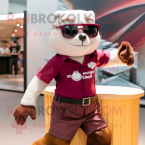Maroon Ferret mascot costume character dressed with a T-Shirt and Sunglasses