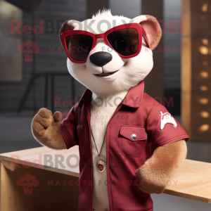 Maroon Ferret mascot costume character dressed with a T-Shirt and Sunglasses