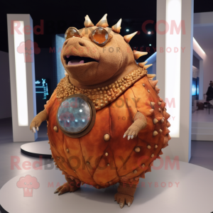 Rust Glyptodon mascot costume character dressed with a Evening Gown and Eyeglasses