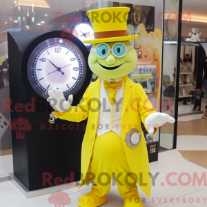 Maskotfigur af en citrongul...