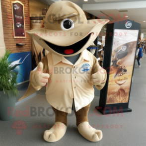 Beige Stingray mascot costume character dressed with a Rugby Shirt and Hat pins