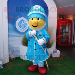Sky Blue Bagpipe mascot costume character dressed with a Raincoat and Digital watches