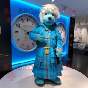 Sky Blue Bagpipe mascot costume character dressed with a Raincoat and Digital watches