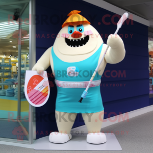 Cream Knife Thrower mascot costume character dressed with a Swimwear and Clutch bags