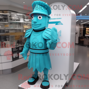 Maskotfigur af en cyan...