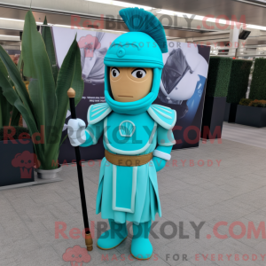 Maskotfigur af en cyan...