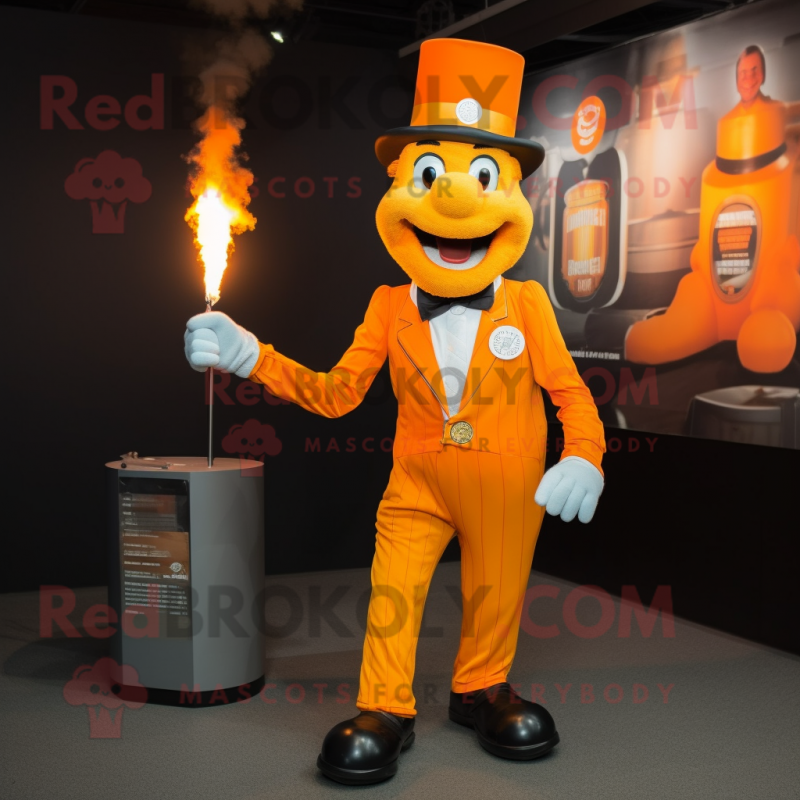 Orange Fire Eater mascot costume character dressed with a Suit Pants and Suspenders