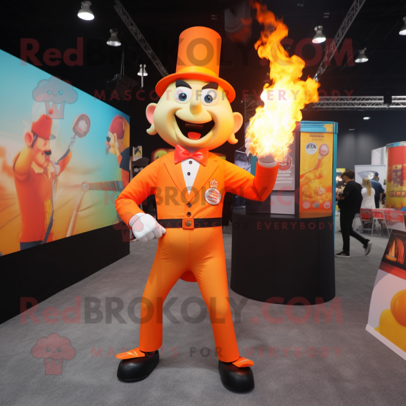 Orange Fire Eater mascot costume character dressed with a Suit Pants and Suspenders Orange Fire Eater mascot costume character dressed with a Suit Pants and Suspenders