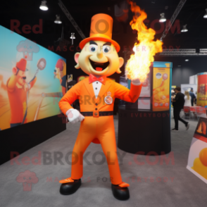 Orange Fire Eater mascot costume character dressed with a Suit Pants and Suspenders