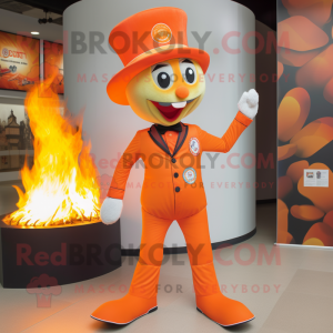 Orange Fire Eater mascot costume character dressed with a Suit Pants and Suspenders