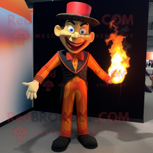 Orange Fire Eater mascot costume character dressed with a Suit Pants and Suspenders