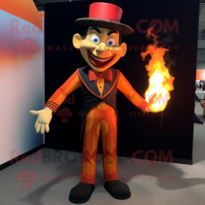 Orange Fire Eater mascot costume character dressed with a Suit Pants and Suspenders