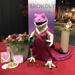 Maskotfigur af en magenta...