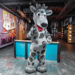 Gray Giraffe mascot costume character dressed with a Playsuit and Bow ties