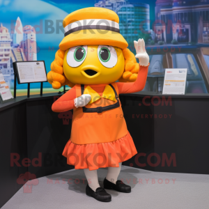 Orange Cod mascot costume character dressed with a Pencil Skirt and Berets