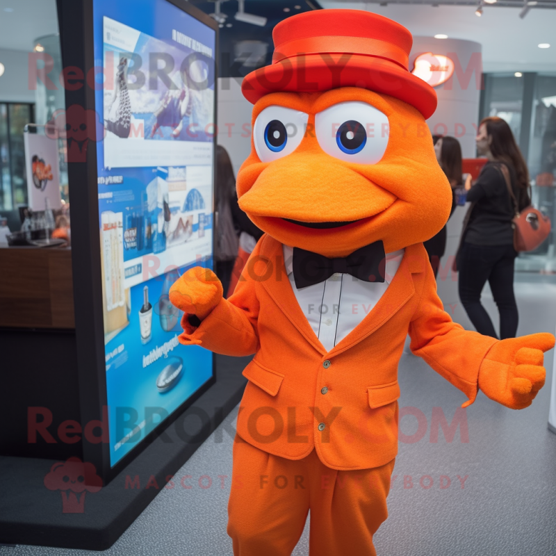 Orange Cod mascot costume character dressed with a Pencil Skirt and Berets