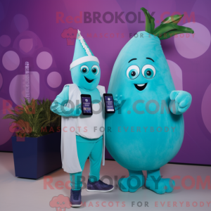 Maskotkarakter af en cyan...