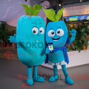 Maskotkarakter af en cyan...