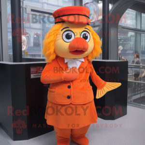 Orange Cod mascot costume character dressed with a Pencil Skirt and Berets