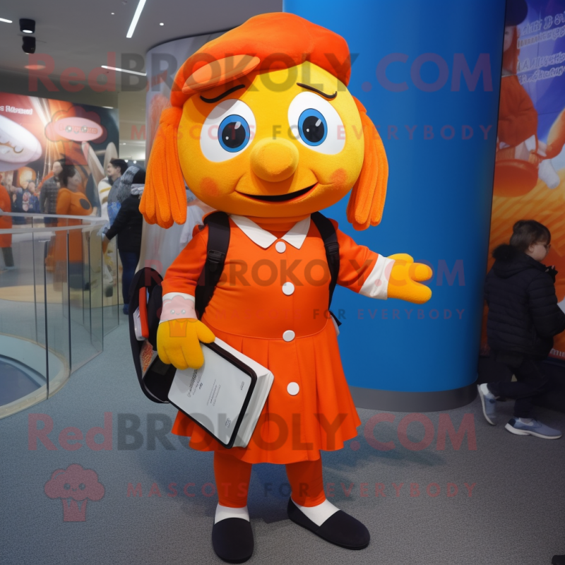 Orange Cod mascot costume character dressed with a Pencil Skirt and Berets