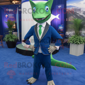 Green Swordfish mascot costume character dressed with a Dress Shirt and Pocket squares