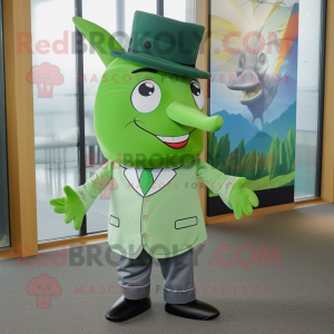 Green Swordfish mascot costume character dressed with a Dress Shirt and Pocket squares