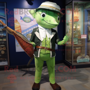 Green Swordfish mascot costume character dressed with a Dress Shirt and Pocket squares