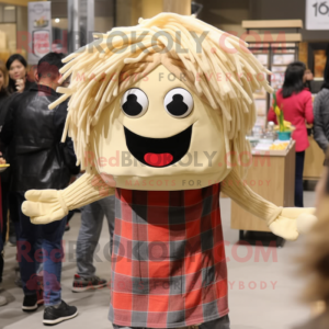 Beige Ramen mascot costume character dressed with a Flannel Shirt and Hairpins