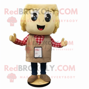Beige Ramen mascot costume character dressed with a Flannel Shirt and Hairpins