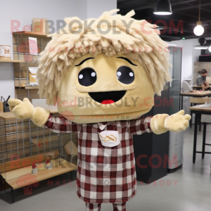 Beige Ramen mascot costume character dressed with a Flannel Shirt and Hairpins