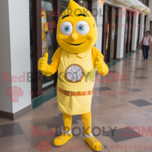 Maskotfigur af en citrongul...