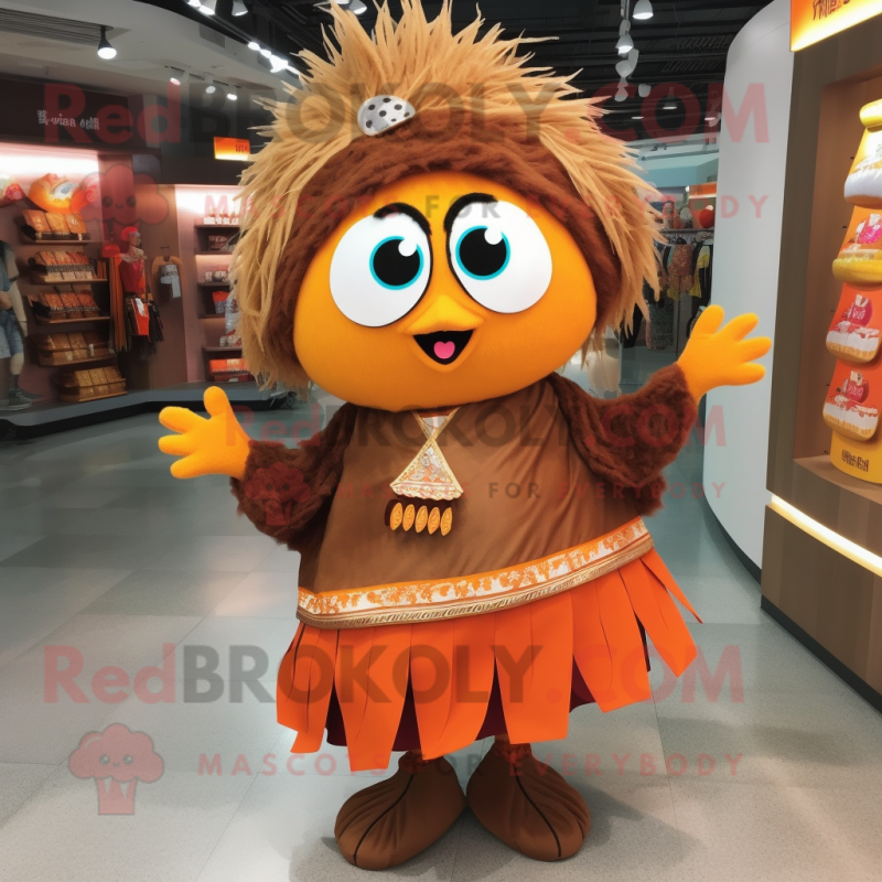 Brown Mandarin mascot costume character dressed with a Skirt and Hair clips Brown Mandarin mascot costume character dressed with a Skirt and Hair clips