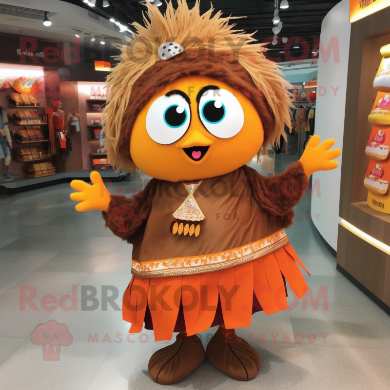 Brown Mandarin mascot costume character dressed with a Skirt and Hair clips