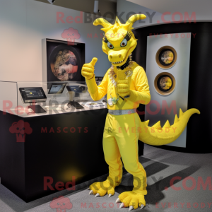 Maskot karaktär av en gul...