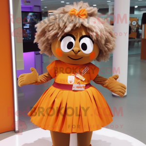 Brown Mandarin mascot costume character dressed with a Skirt and Hair clips