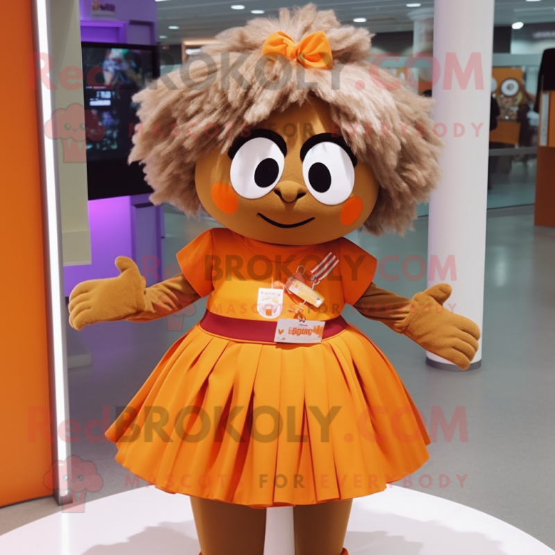 Brown Mandarin mascot costume character dressed with a Skirt and Hair clips Brown Mandarin mascot costume character dressed with a Skirt and Hair clips