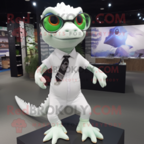 White Geckos mascot costume character dressed with a Dress and Eyeglasses