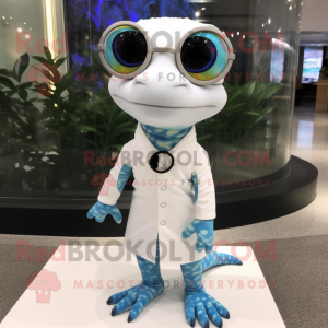 White Geckos mascot costume character dressed with a Dress and Eyeglasses