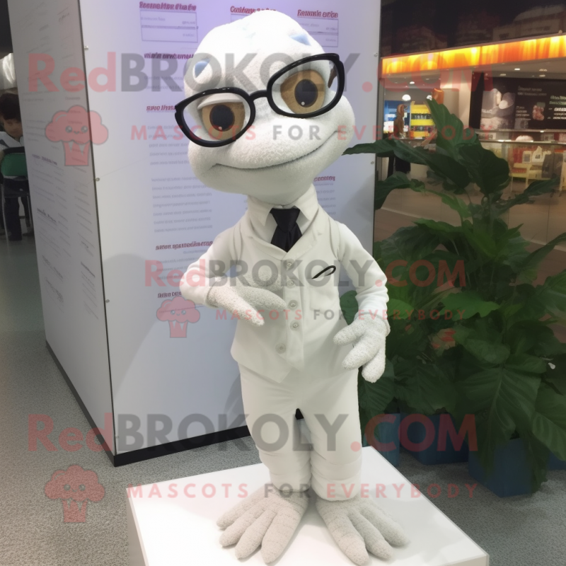 White Geckos mascot costume character dressed with a Dress and Eyeglasses