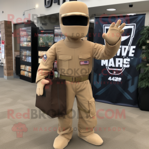 Tan Gi Joe mascot costume character dressed with a V-Neck Tee and Tote bags