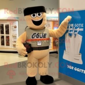 Tan Gi Joe mascot costume character dressed with a V-Neck Tee and Tote bags