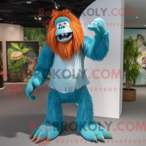 Maskotfigur af en cyan...