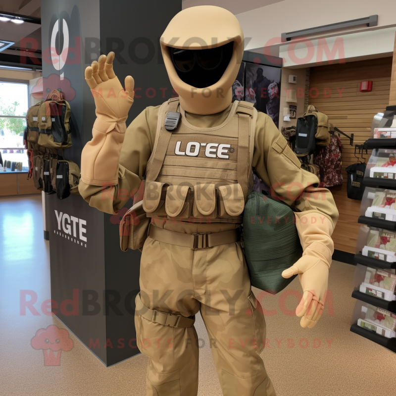 Tan Gi Joe mascot costume character dressed with a V-Neck Tee and Tote bags Tan Gi Joe mascot costume character dressed with a V-Neck Tee and Tote bags
