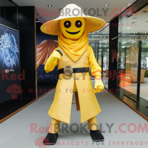 Maskot-karakter av en gul...