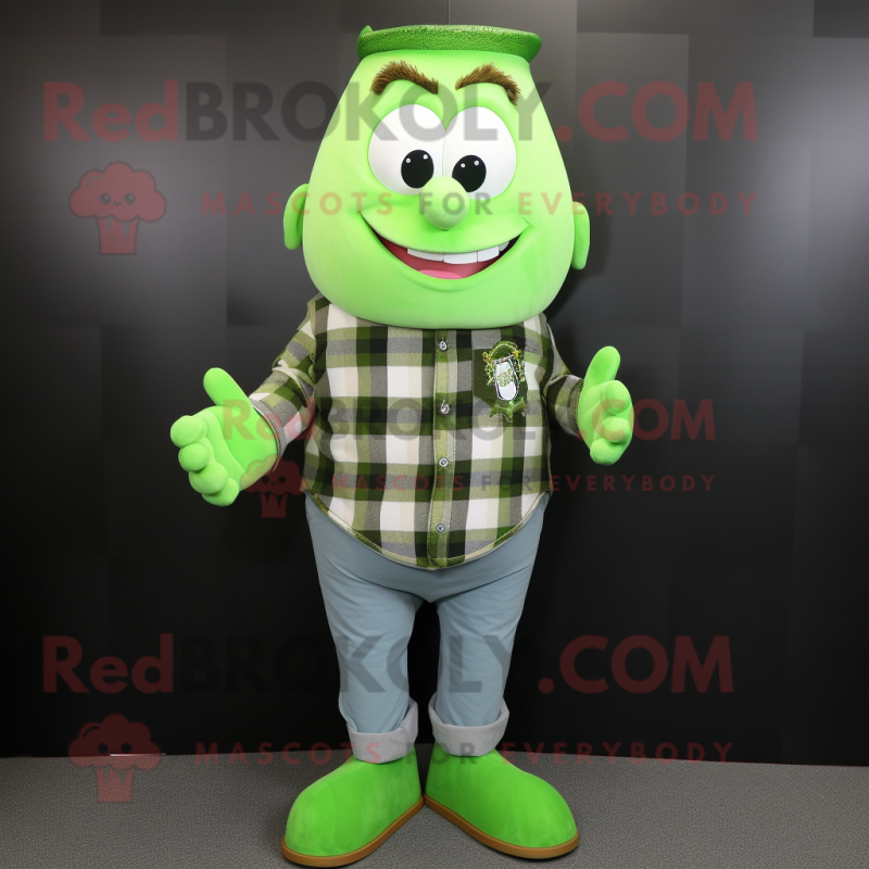 Lime Green Guinness mascot costume character dressed with a Flannel Shirt and Shoe clips Lime Green Guinness mascot costume character dressed with a Flannel Shirt and Shoe clips