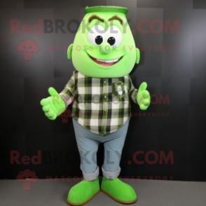 Lime Green Guinness mascot costume character dressed with a Flannel Shirt and Shoe clips